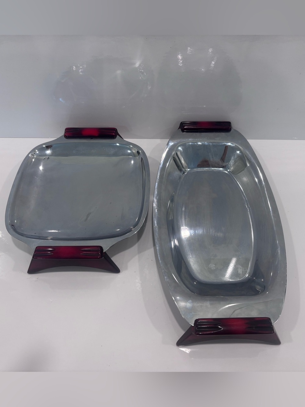 Vintage Mid Century Aluminum Serving Trays W Burgundy Lucite Handles-Avon Set 2